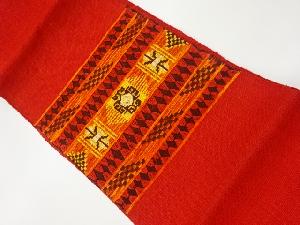 リサイクル　手織り真綿紬変わり織横段に幾何学・抽象模様織出し名古屋帯